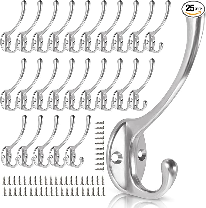 Wall Hooks for Hanging, 25-Pack Heavy Duty Metal Coat Hooks, for Living Room, Bathroom, Kitchen, Bedroom for Towel, Hat, Key, Closet, Bag (Silver)