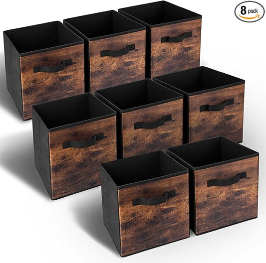 EWES 13 Inch Fabric Storage Cubes, 8 Pack Foldable Storage Bins with Handle, Storage Baskets Box for Shelves, Closet, Organizer, Rustic Brown and Black