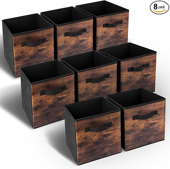 EWES 11 Inch Fabric Storage Cubes, 8 Pack Foldable Storage Bins with Handle, Storage Baskets Box for Shelves, Closet, Organizer, Rustic Brown and Black