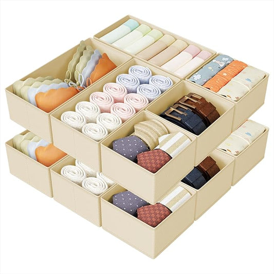 DIMJ Drawer Organizers Clothes, Set of 14 Dresser Organizer Bins, Fabric Closet Organizers and Storage, Shallow Drawer Dividers for Nursery, Clothing, Baby Clothes, Socks, Underwears, Tie (Beige)