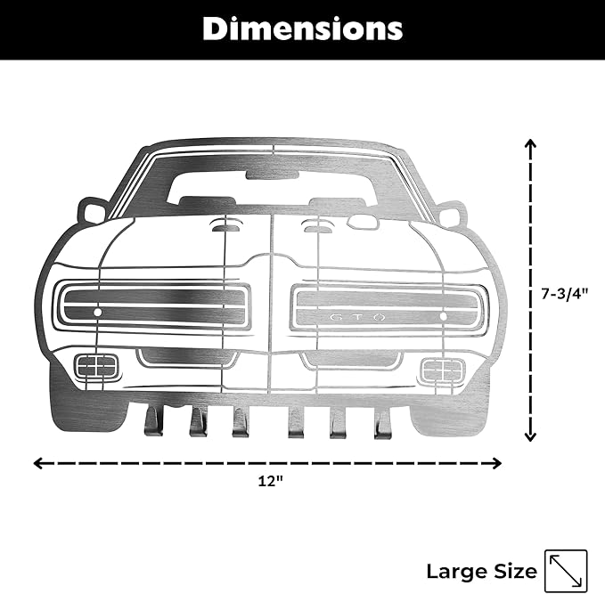 MOOH Metal Automotive Key Holder with 6 Hooks - Unique Wall Mounted Car Lovers Gifts for Men & Women - Cool Man Cave Decor (Pontiac GTO 1969, Stainless Steel)