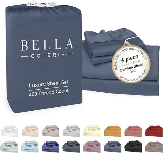 Bella Coterie Luxury Bamboo Viscose Queen Size Sheet Set | 100% Organically Grown | Ultra Soft | Cooling for Hot Sleepers | 18" Deep Pocket [Slate Blue]