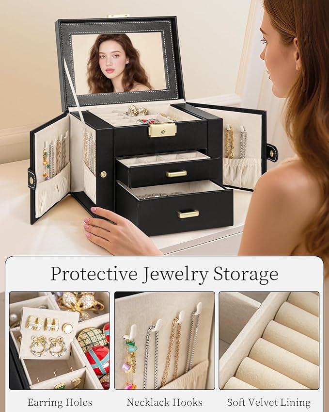 TORIBIO Jewelry Box for Women, Leather Jewelry Organizer with Mirror & Lock, 3-Tier Jewelry Storage Organizer with 2 Drawers for Girls/Women/Mothers, Necklace Earring Bracelets Holder Organizer