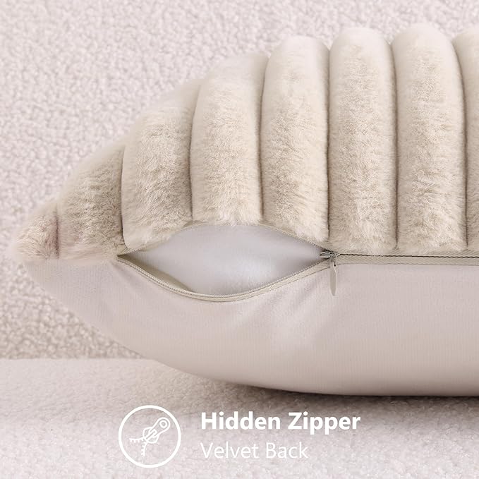 decorUhome Faux Fur Spring Throw Pillow Covers 22x22 Set of 2, Decorative Soft Plush Striped Neutral Couch Euro Sham Pillow Covers with Velvet Back for Sofa, Bed, Living Room Home, Beige