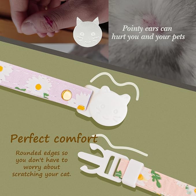 2 Pack Cotton Breakaway Cat Collar with Bell Pink&Purple Flowers Pendant Cute Kitten Cat Collar Suitable for Girls and Boys