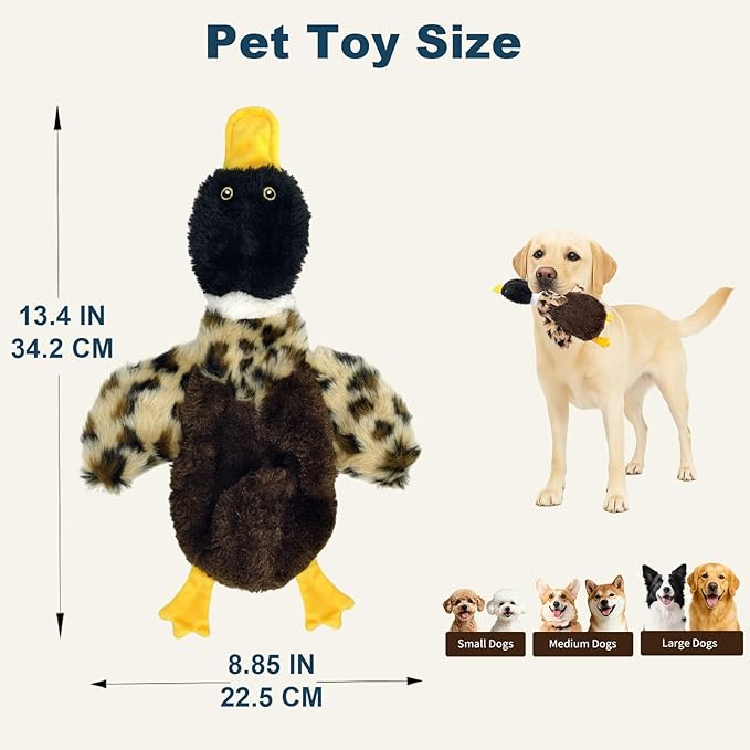 Duck Dog Squeaky Toy for Aggressive Chewers - No Stuffing Durable Plush with 4 Squeakers & Crinkle Wings, Chew Proof Puppy Toys for Small Medium Large Dogs (Black & Brown)