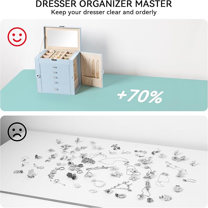 Frebeauty Large Jewelry Box,6-Tier PU Leather Jewelry Organizer,Multi-functional Storage Case with Mirror,Accessories Holder with 5 Drawers for Necklace Bracelets Watches(Sky Blue)