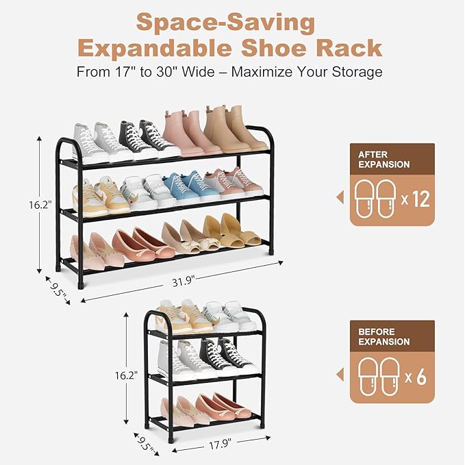 Expandable Shoe Rack for Closet, 18"-32" Metal Shoe Rack for Entryway 3-Tier Adjustable Width Free Standing Shoe Shelf 12 Pairs Small Shoe Organizer for Front Door Garage Bedroom Dorm, Black
