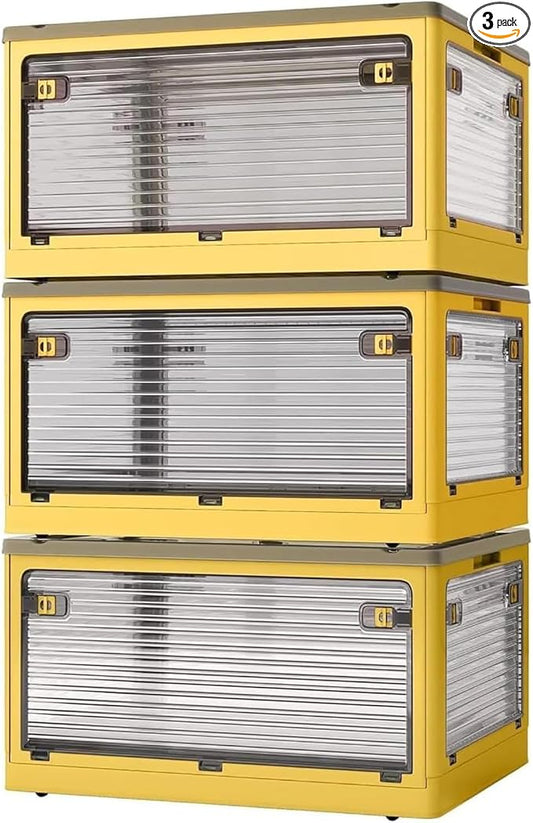 3 PACK Stackable Storage Bins, Closet Organizers with 3 Lids, Wheels, Drawers, Foldable Collapsible Box for Clothes and Camping Out Doors Bins, Oranges, 83 Liters