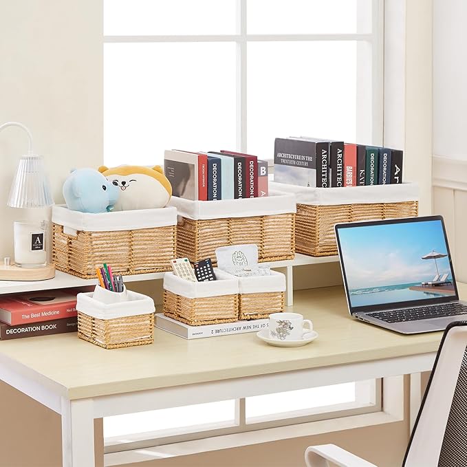 Vagusicc Wicker Storage Basket, 6 Pack Baskets for Organizing, Wicker Baskets with Handle, Rectangular Woven Basket for Storage Shelves, Cube Storage Bins for Closet/Clothes/Dresser, Natural