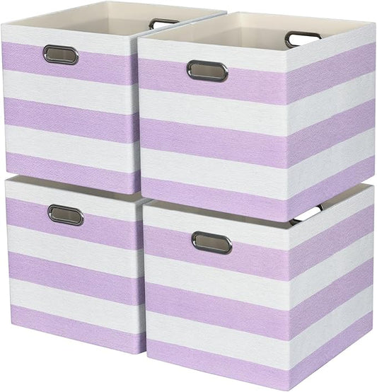 13x15x13 Storage Cube Bins, Foldable Storage Cubes, Fabric Organizer Basket Bin, Striped Containers Decorative Storage Boxes for Shelves Wardrobe Closet Home Office, 4 Pack, Purple/White