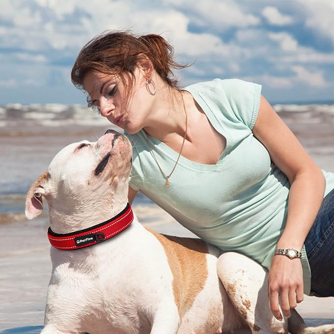 PetiFine Dog Collar for Large Dogs, Neoprene Padded and Adjustable, Reflective Wide Heavy Duty Pet Collars with Durable Metal Belt Buckle for Walking, Red, L