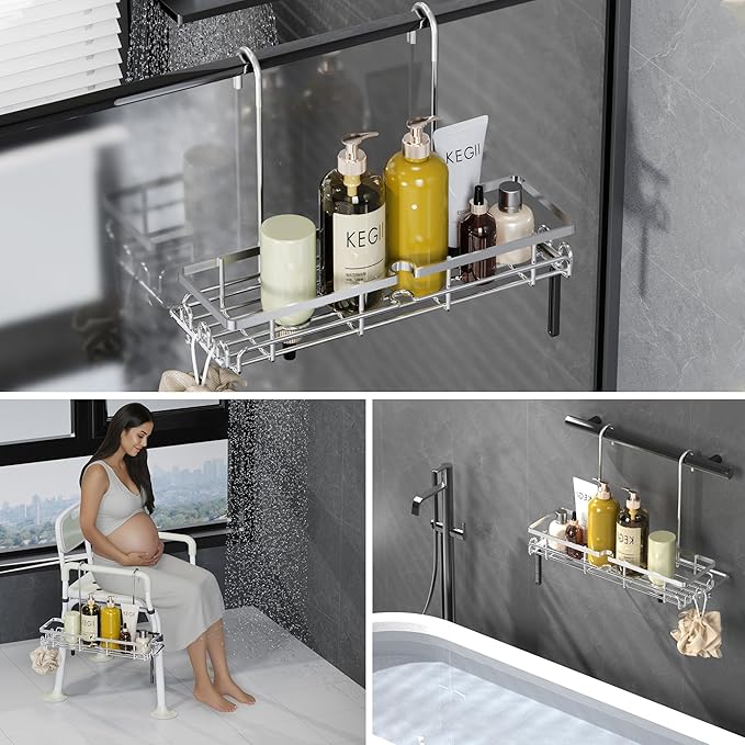 Hanging Shower Organizer - Shower Rack Hanging Rustproof, Shower Chair Caddy with Shower Head Holder for Post-Surgery Patient/Elderly User, Hanging Shower Basket on Bath Seat