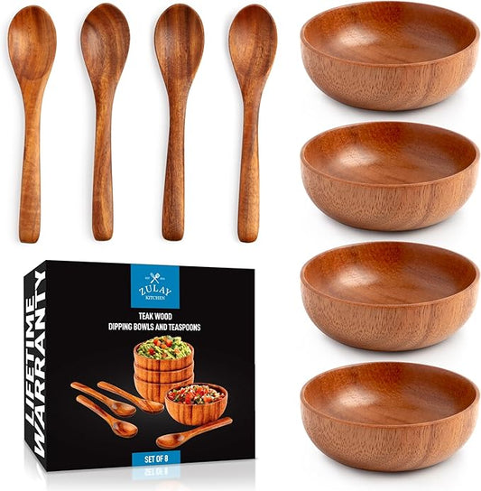 Zulay Kitchen Teak Wood Dipping Bowls with Spoons Set – 8 Piece Wooden Serving Set with 4 Mini Bowls and 4 Small Spoons, Handcrafted Natural Teak Wood, Durable & Smooth Finish