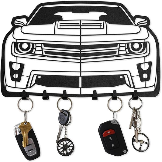 MOOH Metal Automotive Key Holder with 6 Hooks - Unique Wall Mounted Car Decor for Men & Women - Cool Man Cave Decor (Chevy Camaro 2014, Black)