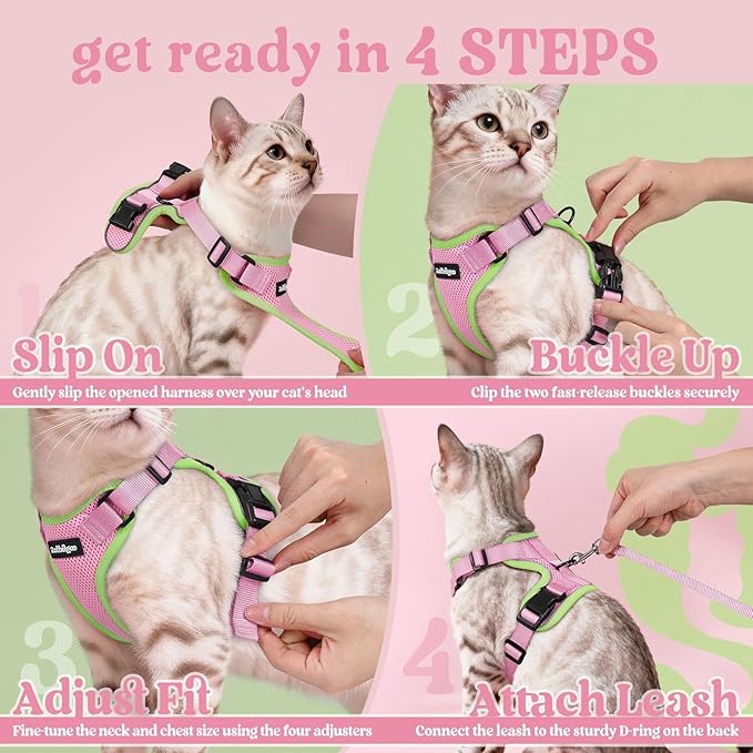 rabbitgoo Cat Harness and Leash for Walking, Escape Proof Soft Adjustable Vest Harnesses for Cats, Easy Control Breathable Reflective Strips Jacket, Pink&Light Green, M