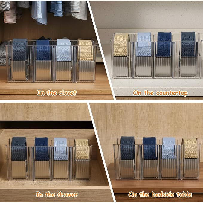2-Pack Belt Storage Organizer, Acrylic Belt Organizer with 8 Detachable Compartments, Clear Belts Holder for Closet & Drawer, Fits Most Sizes, Space-Saving Design for Ties, Bows & Jewelry