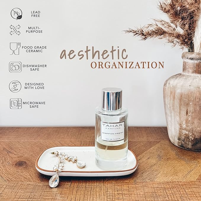 Mora Small Ceramic Decorative Tray – Rectangle 6.4 Inch Dish for Jewelry, Perfume, Makeup, Accessories, Candle, in the Bathroom Vanity, Bedside, or Kitchen Counter – Cute Organizer – White