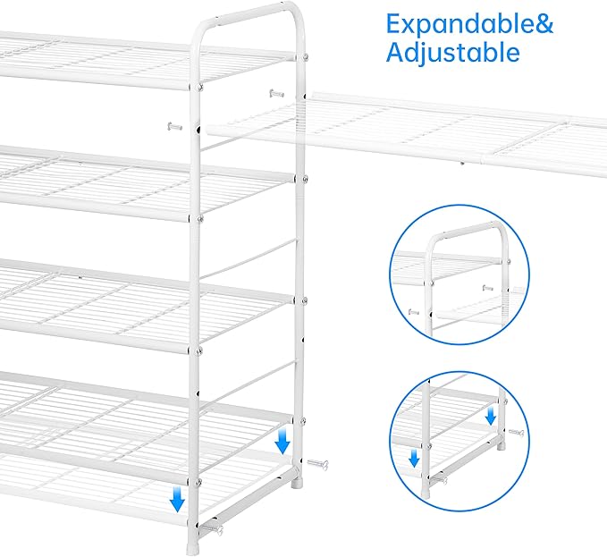 Simple Trending 4-Tier Stackable Shoe Rack, Expandable & Adjustable Shoe Organizer Storage Shelf, Wire Grid, White