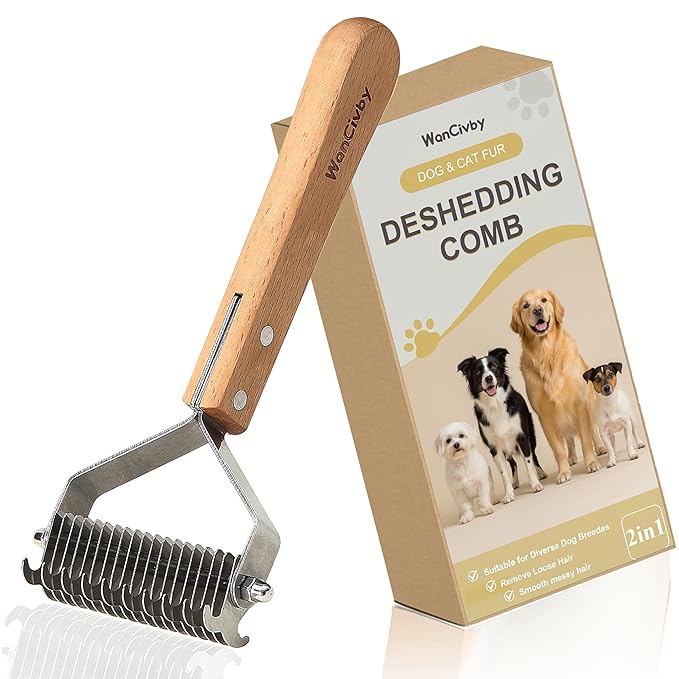 Dog Grooming Brush 2-in-1 - Undercoat Rake & Dematting Tool, Effective Shedding Control for Detangling All Dog Sizes
