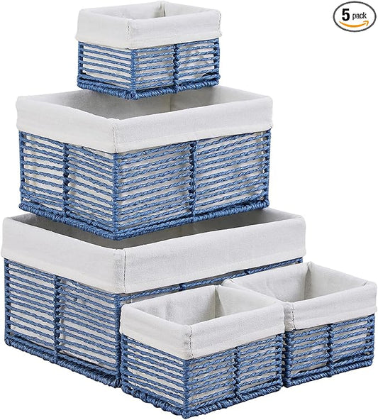 Vagusicc Wicker Storage Basket, Hand-Woven Paper Rope Wicker Baskets, Rectangular Small Wicke Baskets for Organizing, Cube Storage Bins for Closet/Clothes/Dresser, Blue, 5-Pack