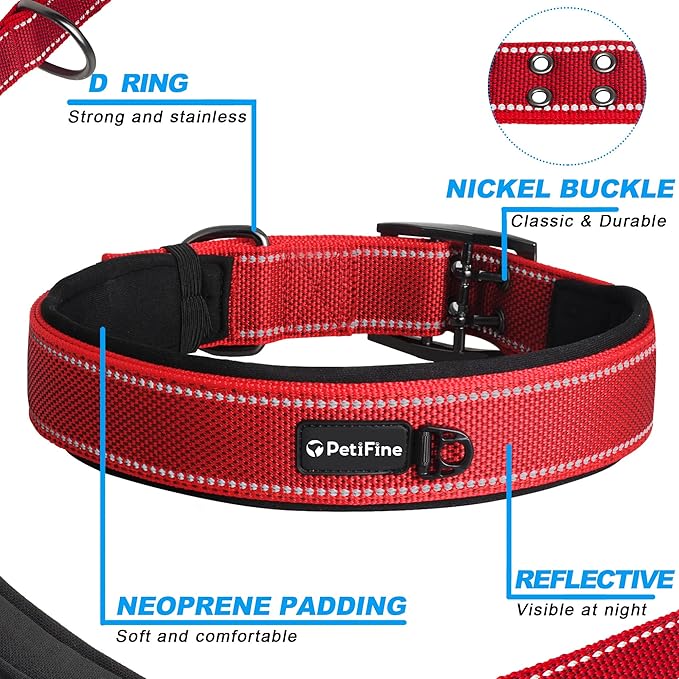 PetiFine Dog Collar for Large Dogs, Neoprene Padded and Adjustable, Reflective Wide Heavy Duty Pet Collars with Durable Metal Belt Buckle for Walking, Red, XL