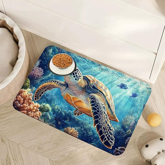 Turtle Dog Cat Food Mat,Coral Fish Absorbent Pet Feeding Mat for Food and Water,Non-Slip Dog Bowl Mats Floor Protector 16"x24"