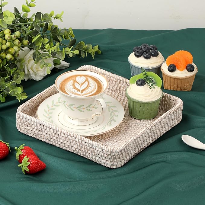 Hipiwe Key Basket for Entryway Table Handwoven Wicker Fruit Tray for Organizing Decor Rattan Serving Tray for Kitchen Living Room Bathroom, Whitewash