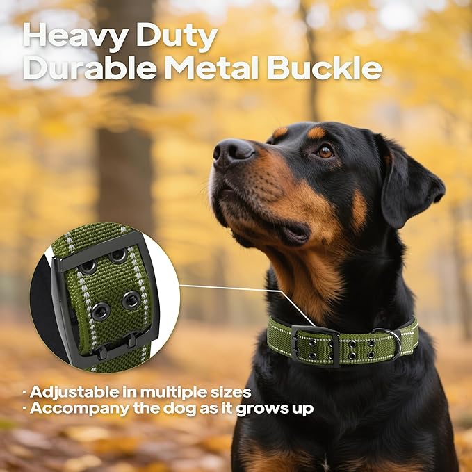 PetiFine Dog Collar for Large Dogs, Neoprene Padded and Adjustable, Reflective Wide Heavy Duty Pet Collars with Durable Metal Belt Buckle for Walking, Green, XL