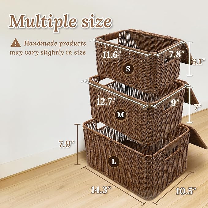 Baskets with Handles, Wicker Storage, Shelf Boxes for Organizing, Stackable Woven Bins, Decorative Lidded Resin, Set of 3, Toffee