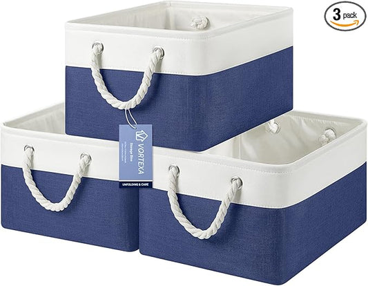 Storage Baskets, Fabric Storage Bins, Versatile Storage Baskets for Shelves with Handles, Large Closet Organizers for Shelves, Clothing, Toys, Books (3-Pack 15.7x11.8x8.2 inch, White&Blue)