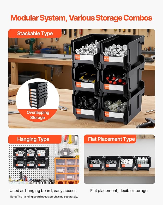 VEVOR Plastic Stackable Storage Bins, 14.8 x 8.5 x 7.1 inch (12 Pack), Plastic Containers for Organizing & Storage Bins for Garage, Small Parts, Office Supplies, Other Accessories, Black & Transparent