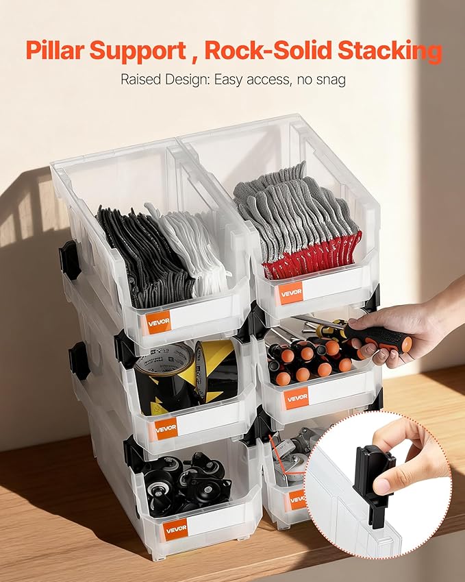 VEVOR Plastic Stackable Storage Bins, 14.8 x 8.5 x 7.1 inch (6 Pack), Plastic Containers for Organizing & Storage Bins for Closet, Garage, Small Parts, Office Supplies, Other Accessories, Transparent