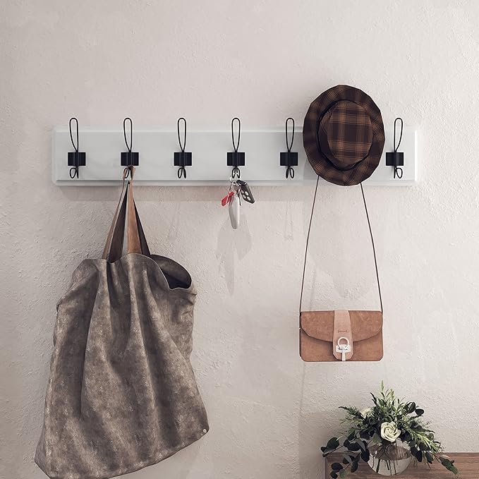 HBCY Creations White Solid Wood Wall Mounted Coat Rack with Shelf, 7 Hooks, 34" Long - Kitchen, Mudroom, Entryway, Bathroom - Includes Mounting Hardware, Coat Hanger, Dog Leash Hooks, Towel Rack