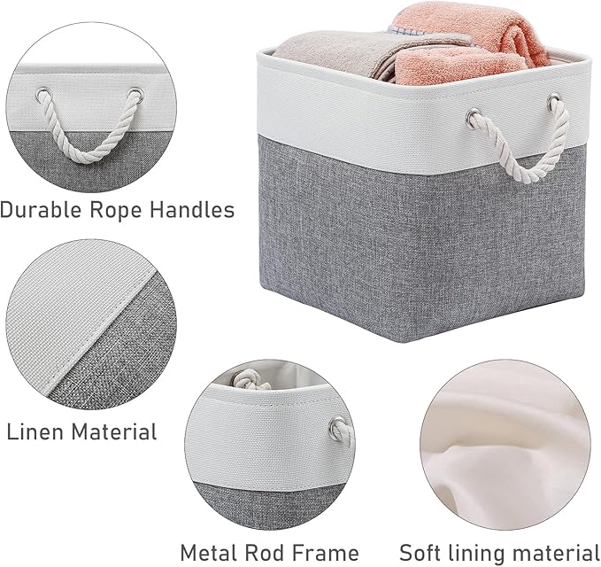 12 x 12 Inch Cube Storage Bins, 6 Pack Large Collapsible Fabric Storage Bin with Ropes, Foldable Storage Cubes for Home, Office,Closet, Clothes, Toys Organizer (White & Grey)