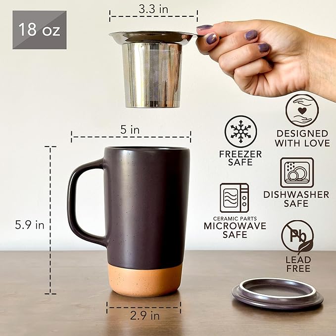 Mora Ceramics Large Tea Mug with Loose Leaf Infuser and Ceramic Lid, 18 oz, Portable, Microwave, Dishwasher Safe, Tall Coffee Cup - Rustic Matte Ceramic Glaze, Modern Herbal Tea Strainer, Nightwaves