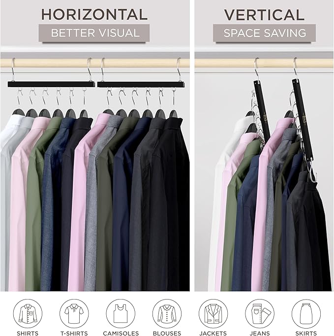 MORALVE Space Saving Hangers for Closet – 4 Pack European Beechwood 6-Tier Shirt Organizer with 360° Swivel Hook – Collapsible Clothes Hanger for Closet Organization (Hangers Not Included)