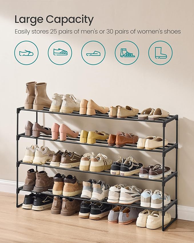 SONGMICS Shoe Rack, 4-Tier Shoe Organizer, Metal Storage Shelf, Upright or Upside Down, for 25-30 Pairs, Stackable, for Entryway, 11.8 x 46.1 x 29.5 Inches, Black ULSA034B01