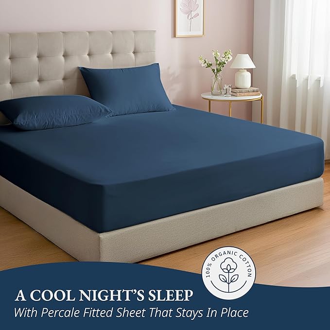 LANE LINEN King Size Fitted Sheet, 100% Organic Cotton, 3-Piece Set (1 Fitted Sheet,2 Pillowcases), Percale Weave, Ultra Soft, Breathable,Fits Mattress Upto 15" Deep - Estate Blue (No Flat Sheet)