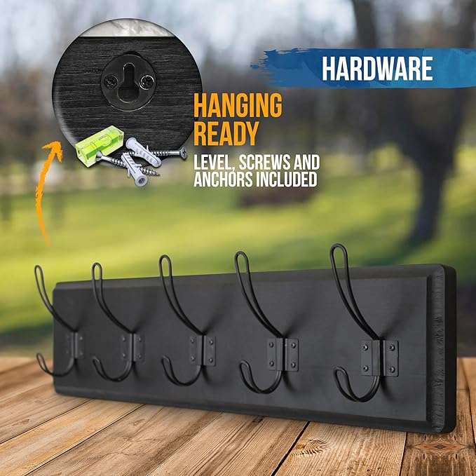 HBCY Creations Black Rustic Coat Rack Wall Mount with 5 Hooks, Solid Pine Wood 24 inch Wall Hooks for Entryway, Mudroom, Hallway, Bathroom - Vintage Farmhouse Style Wall Mounted Towel Rack