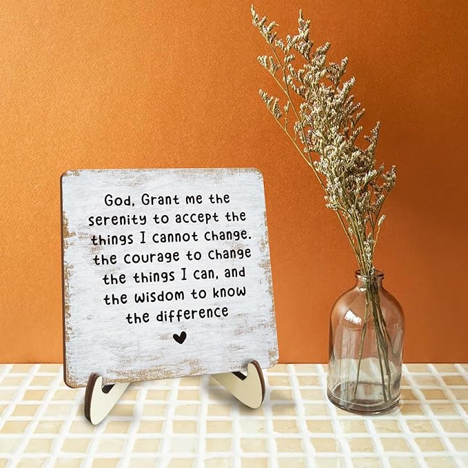 Decorative Desk Decor Motivational Mental Health Recovery Positive Plaque with Wooden Stand Inspirational Serenity Prayer Christian Wood Sign for Home Office Reading Corner Table Bookshelf