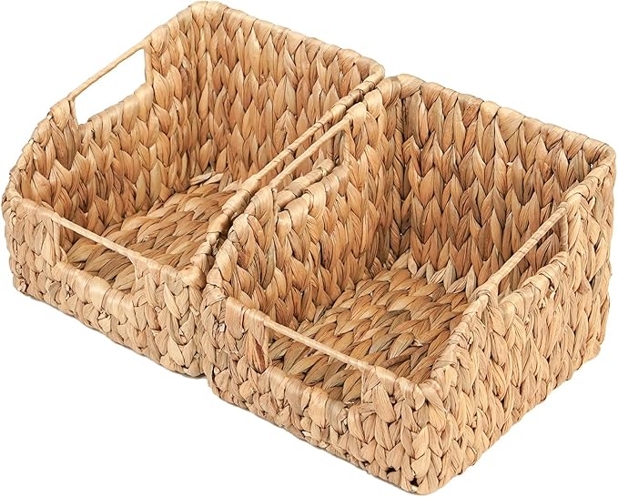 Water Hyacinth Pantry Baskets with Built-in Handles - Natural, Handwoven Wicker Storage Baskets for Storage Shelves Organizing(2 Pack)