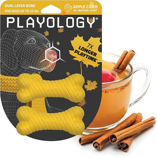 Playology Dog Toys | Dual Layer Bone Durable Chew Toy Bone for Dogs, Value 2-Pack | Small Apple Cider Scented Toy - Limited Edition Fall Scent | Easy to Clean and Made from Non Toxic Materials