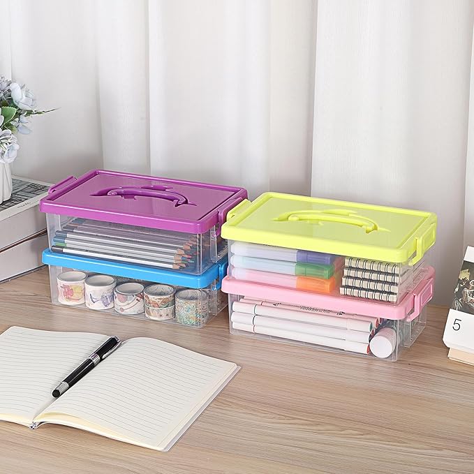 BTSKY 4-Pack Clear Plastic Storage Box with Lid, Stackable Organizer Featuring Easy-Lift Dolphin Design Multi-Use Portable Small Container for Home Craft Office Space-Saving with Secure-Clasp,4 Colors