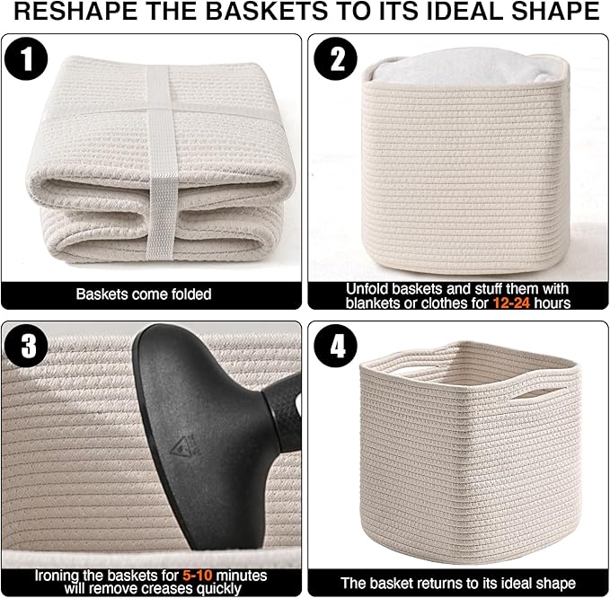 13 Inch Cube Closet Storage Bins, Woven Cotton Rope Organizer Baskets for Organizing & Shelves, Books, Towels, Clothes, Toys, 13x13x13 in, Off White (Pack of 3)