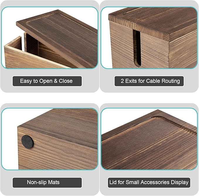 Large Cable Management Box, Burnt Wood Cord Organizer Box for Desk, Floor, Office to Hide Extension Cords Power Stripes Surge Protectors Chargers Wires
