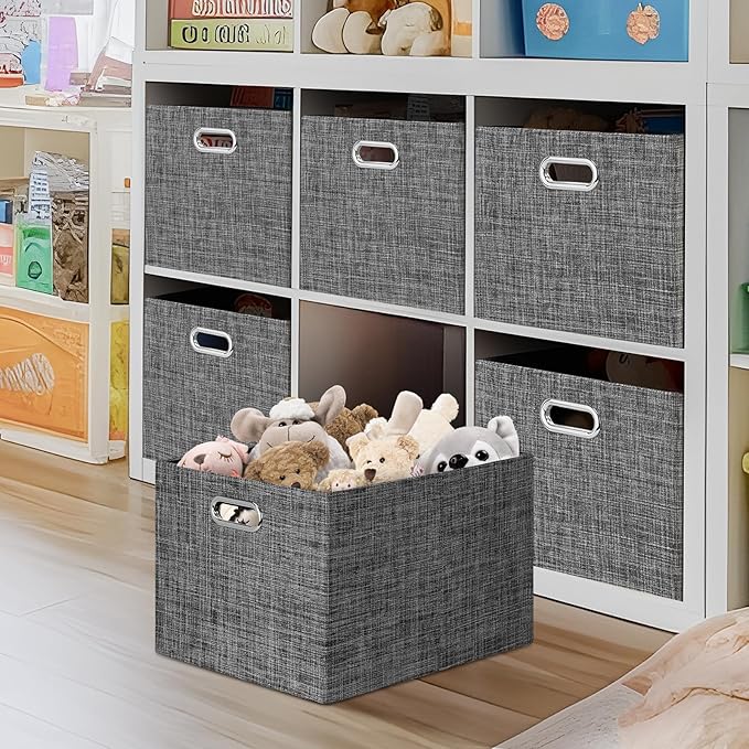 Posprica Closet Storage Bins, 4 Pack Large Closet Shelf Organizers, Linen Fabric Decorative Storage Baskets for Organizing, Foldable Storage Box for Clothes, Toy, 16.5x12x10.25 Inch (Black)