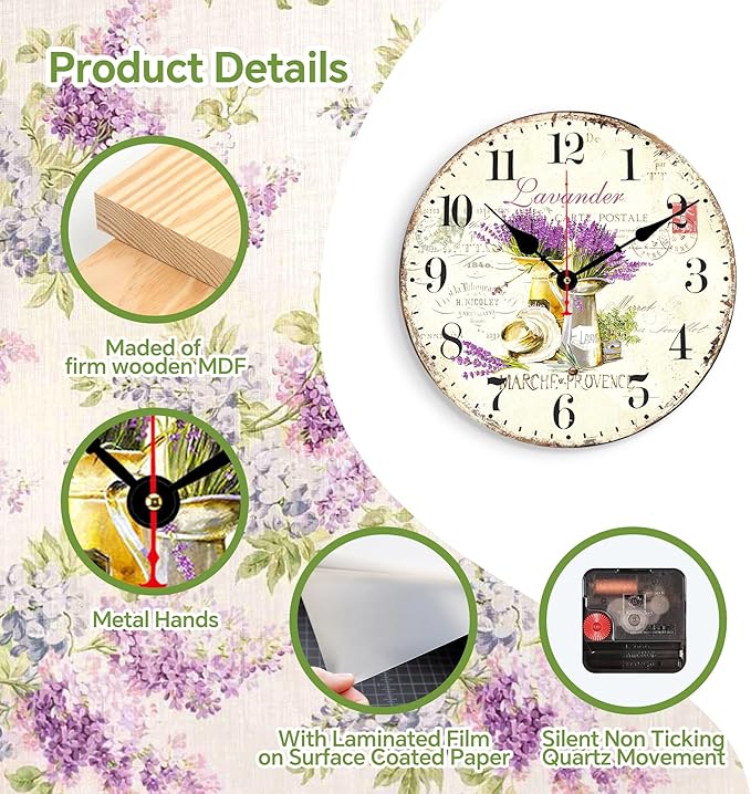 TAHEAT Lavender Wall Clock, Small Vintage Floral Provence Kitchen Clocks, Retro Rustic Battery Operated Wall Clocks for Living Room Bedroom Bathroom Office, 8 Inch