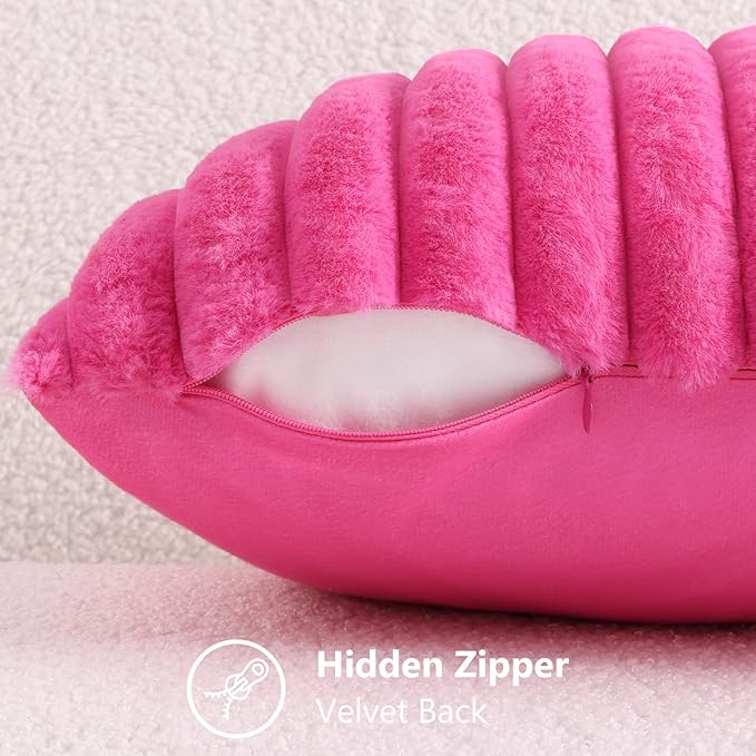 decorUhome Faux Fur Spring Throw Pillow Covers 24x24 Set of 2, Decorative Soft Plush Striped Neutral Couch Euro Sham Pillow Covers with Velvet Back for Sofa, Bed, Living Room Home, Hot Pink