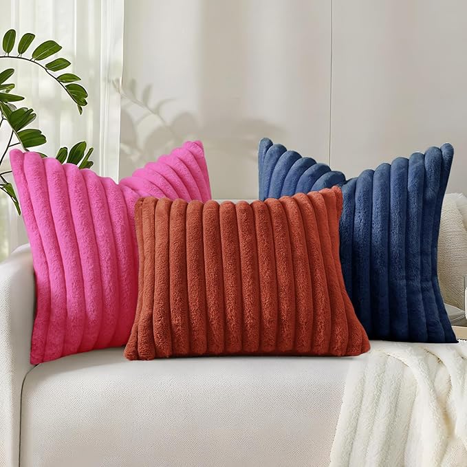 decorUhome Faux Fur Spring Throw Pillow Covers 24x24 Set of 2, Decorative Soft Plush Striped Neutral Couch Euro Sham Pillow Covers with Velvet Back for Sofa, Bed, Living Room Home, Hot Pink
